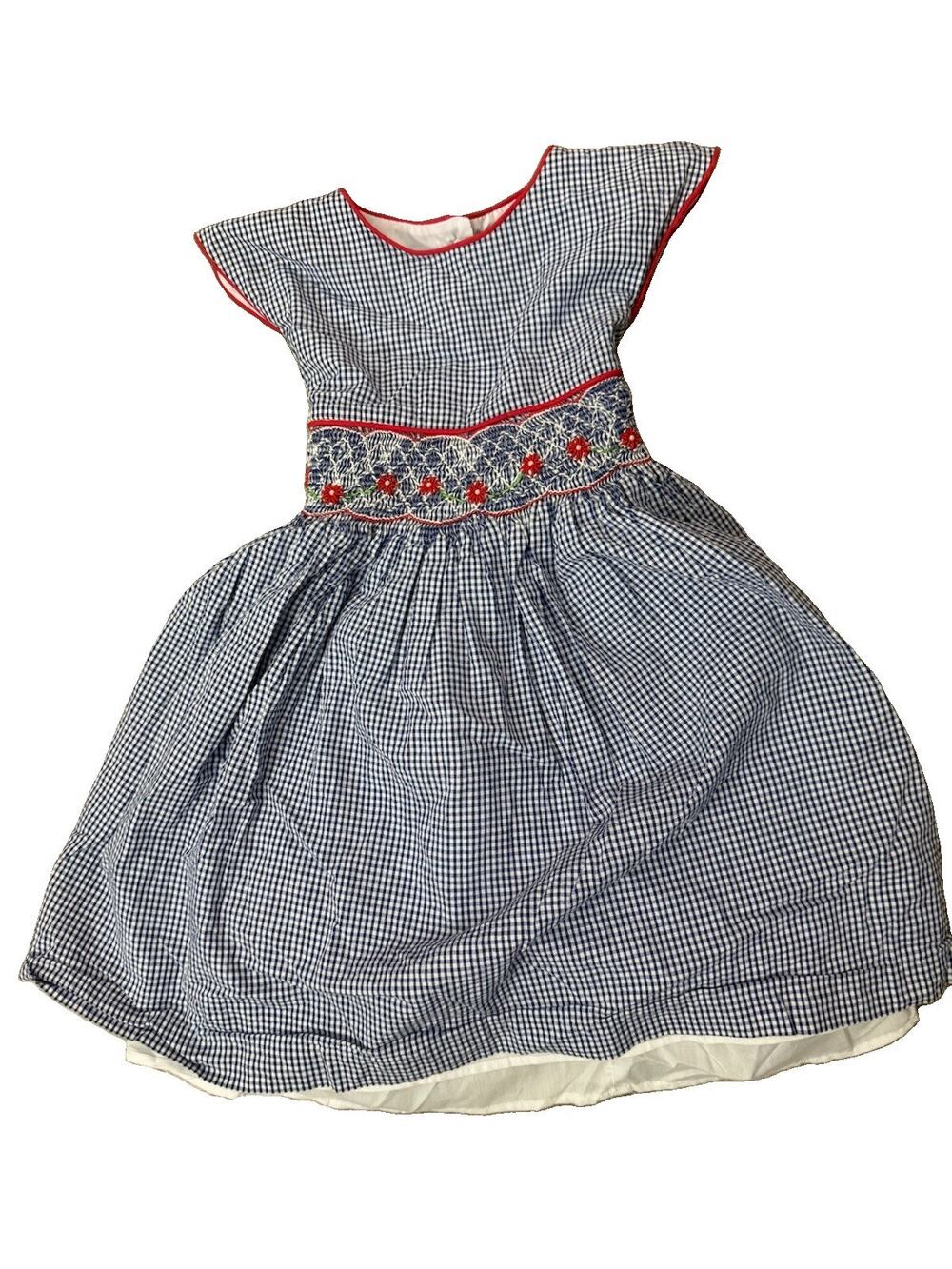Girls Vintage Smocked Dress Blue White Gingham Floral Embroidered Size 4T